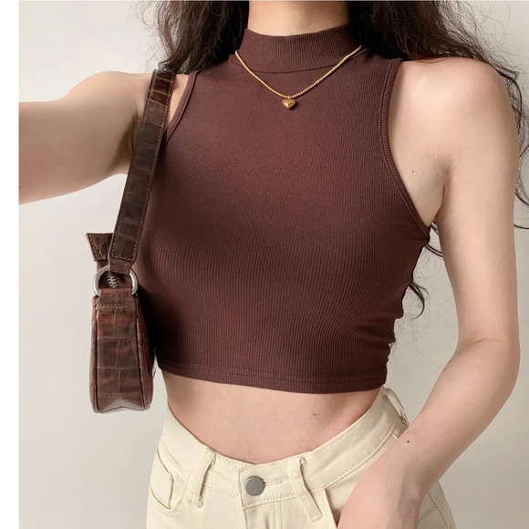 Pellucid - brown Basics Threaded Sleeveless Top cropped mock neck- size small - Picture 6 of 6